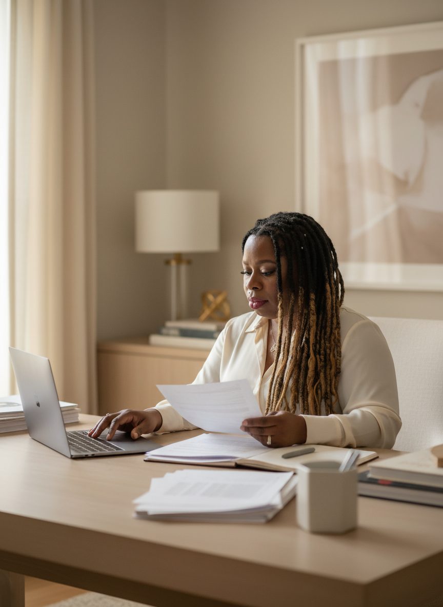 Andrea Bolden working thoughtfully at her desk