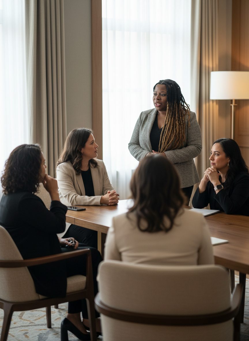 Confident woman leading an intimate client conversation